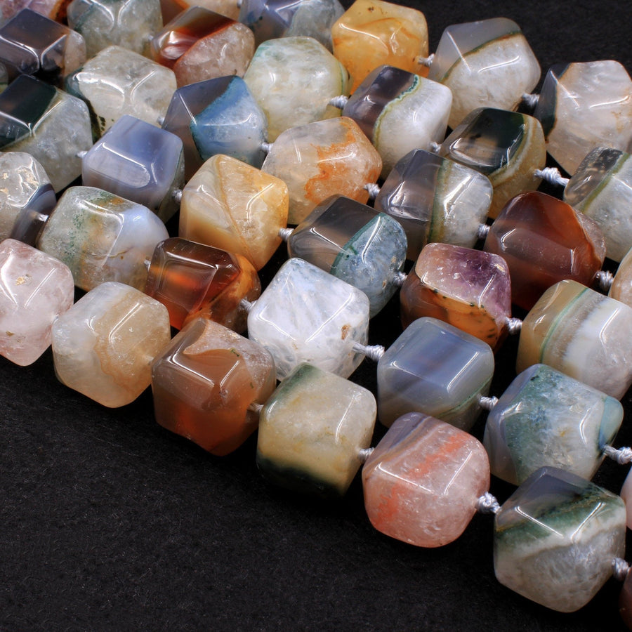 Rare Natural Phantom Agate Beads Chunky Faceted Dice Cube Square Earthy Gray Brown Peach Red Green Blue Crystal Gemstone 16" Strand