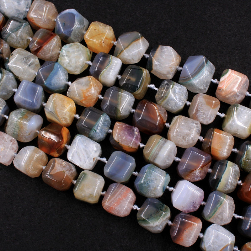 Rare Natural Phantom Agate Beads Chunky Faceted Dice Cube Square Earthy Gray Brown Peach Red Green Blue Crystal Gemstone 16" Strand