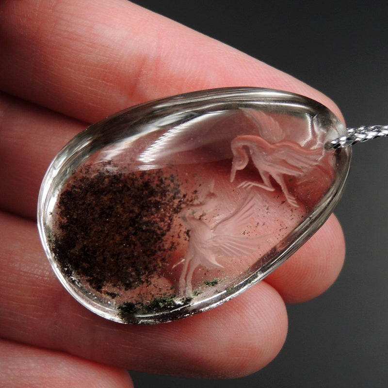 Carved Natural Lodolite Phantom Quartz Pendant Front Drilled Hand Carved Crane Rock Crystal Pendant One of a Kind Longevity Pendant P1802