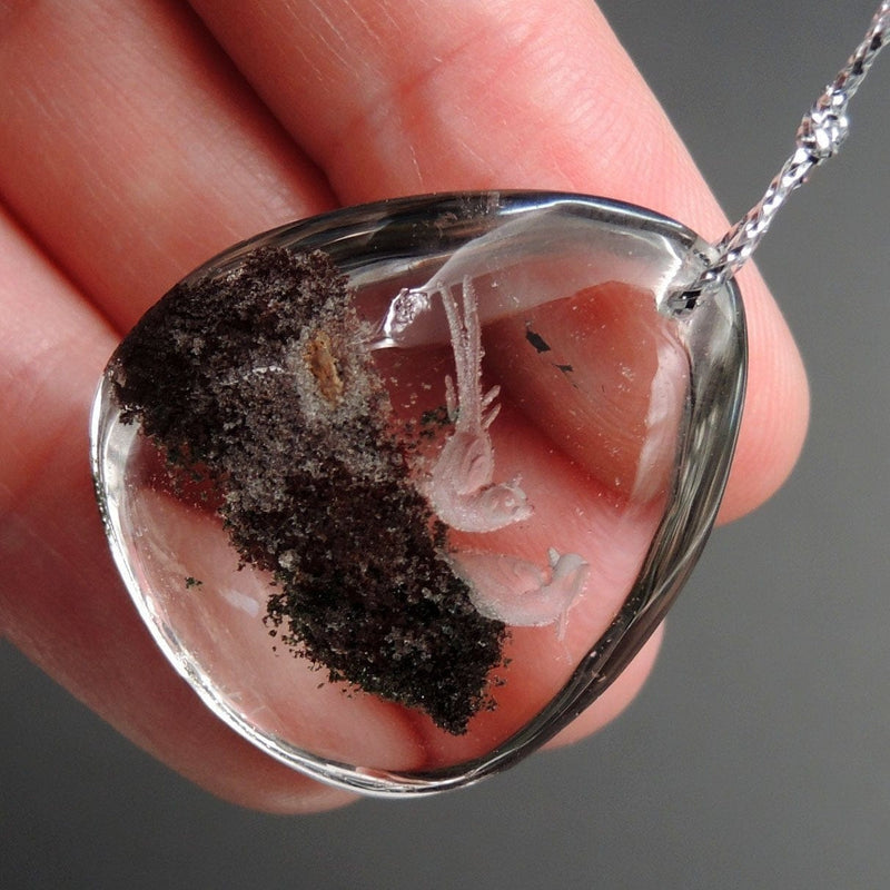 Carved Natural Lodolite Phantom Quartz Pendant Front Drilled Hand Carved Magpie Bird Rock Crystal Pendant One of a Kind Pendant P1801