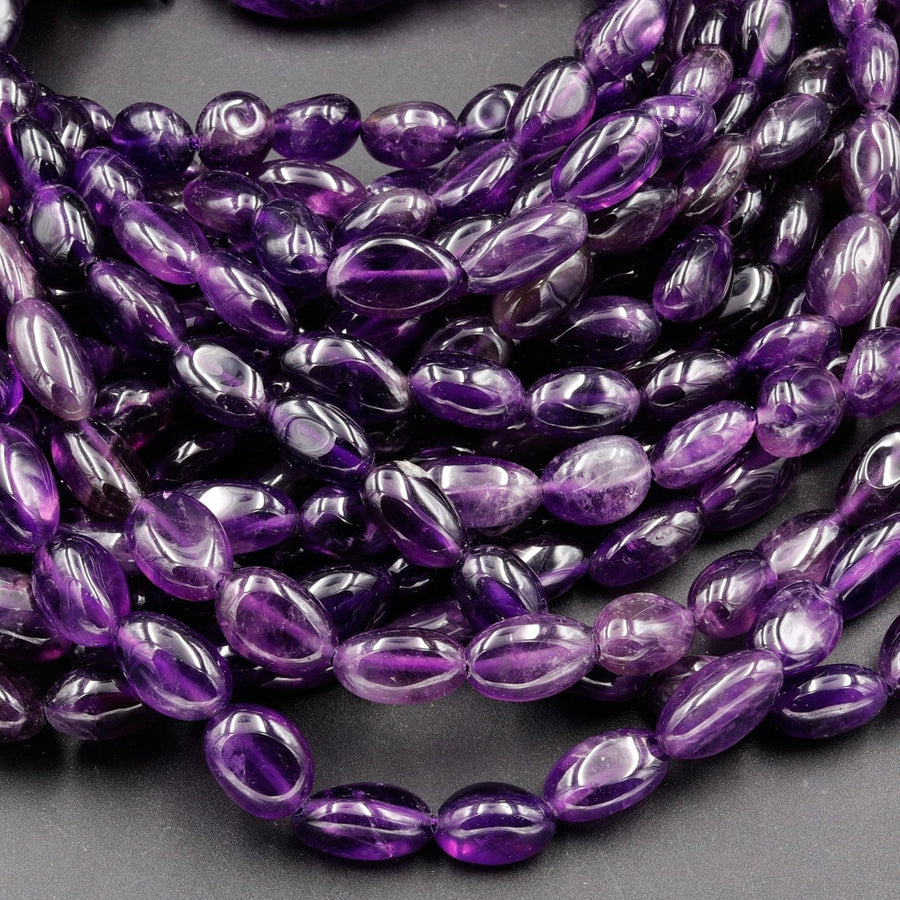 Natural Amethyst Beads Freeform Irregular Smooth Oval Nugget Dark Purple Gemstone 16" Strand
