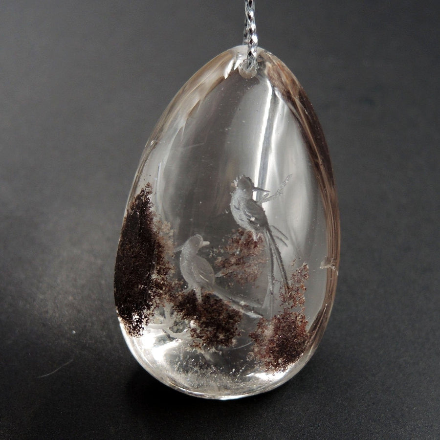Carved Natural Lodolite Phantom Quartz Pendant Front Drilled Hand Carved Magpie Bird Rock Crystal Pendant One of a Kind Pendant P1799