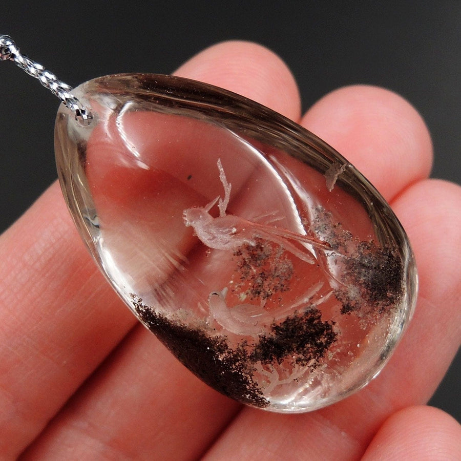 Carved Natural Lodolite Phantom Quartz Pendant Front Drilled Hand Carved Magpie Bird Rock Crystal Pendant One of a Kind Pendant P1799