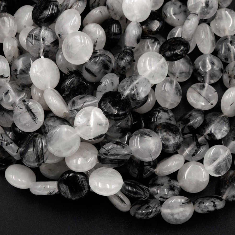 Black Rutilated Quartz Coin Beads 8mm 10mm Black Tourmaline Rutile Quartz Smooth Coin Black Semi Precious Gemstone 16" Strand