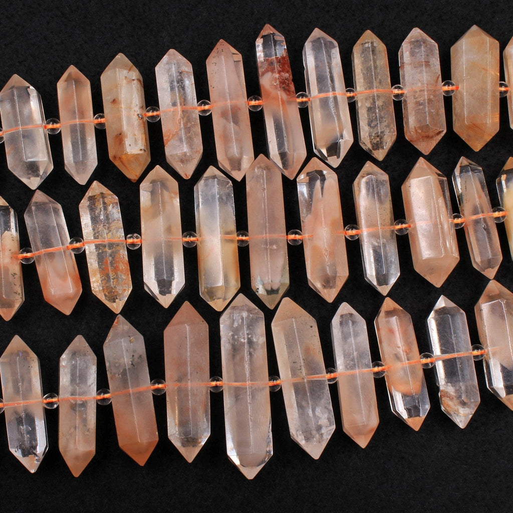 Rare Pink Red Phantom Quartz Beads Faceted Double Terminated Points Large Center Drilled Lodalite Pendant 16" Strand