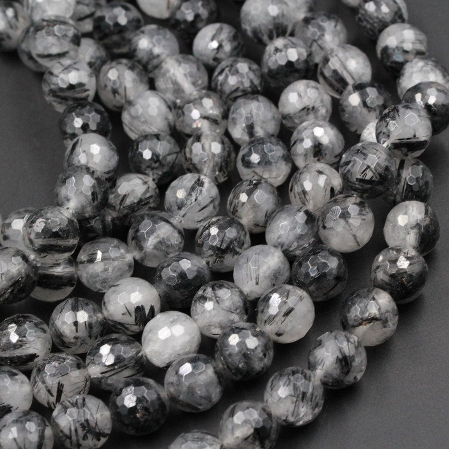 Black Tourmaline Rutilated Rutile Quartz Round Faceted 12mm AAA Grade Quality Natural Black Semi Precious Gemstone 16" 16" Strand