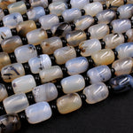 Natural Montana Agate Rounded Cylinder Barrel Drum Beads Highly Polished Amazing Scenic Pattern High Quality Black White Beads 16" Strand