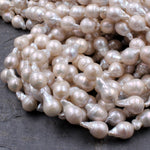 Genuine Freshwater Pearl Ming Pearl Fireball Pearl Flameball Pearl Irregular Baroque Pearl Nucleated Pearl Large Silvery White 16" Strand