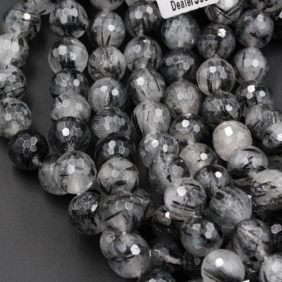 Black Tourmaline Rutilated Rutile Quartz Round Faceted 12mm AAA Grade Quality Natural Black Semi Precious Gemstone 16" 16" Strand