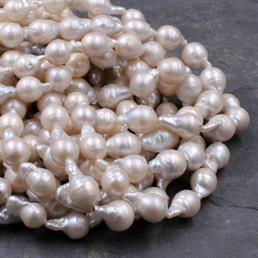 Genuine Freshwater Pearl Ming Pearl Fireball Pearl Flameball Pearl Irregular Baroque Pearl Nucleated Pearl Large Silvery White 16" Strand