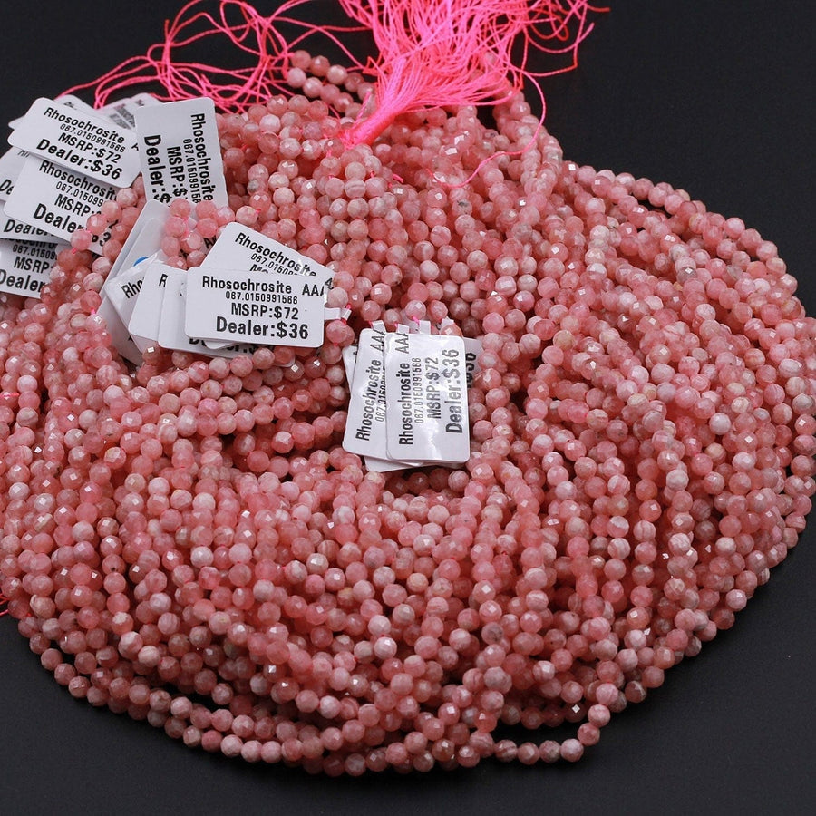 Stunning AAA Natural Pink Rhodochrosite 2mm 3mm 4mm Faceted Round Beads Micro Faceted Laser Diamond Cut Genuine Red Pink Gemstone 16" Strand