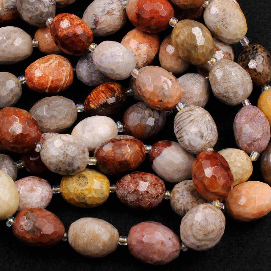 A Grade Natural Fossil Coral Beads Faceted Oval Barrel Nuggets Vibrant Yellow Grey Beige Brown Rusty Red Gemstone 16" Strand