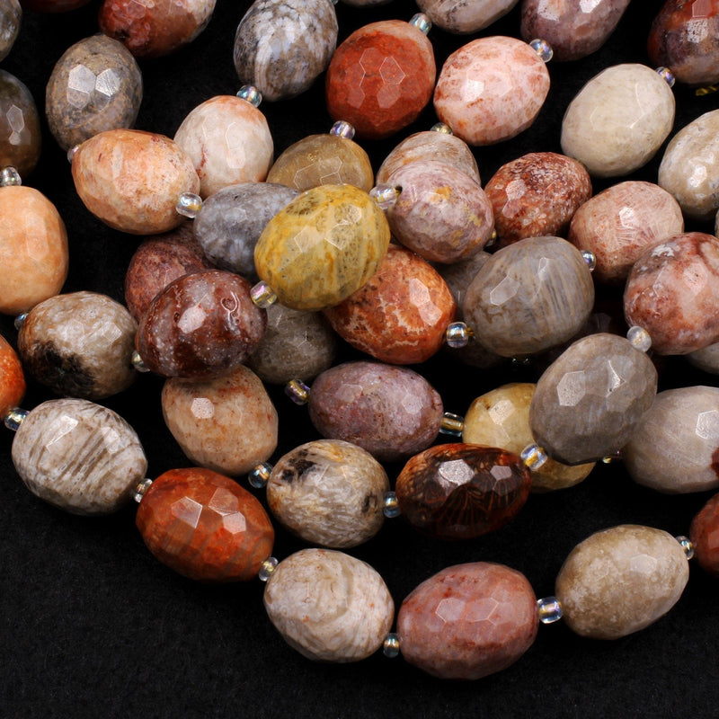 A Grade Natural Fossil Coral Beads Faceted Oval Barrel Nuggets Vibrant Yellow Grey Beige Brown Rusty Red Gemstone 16" Strand