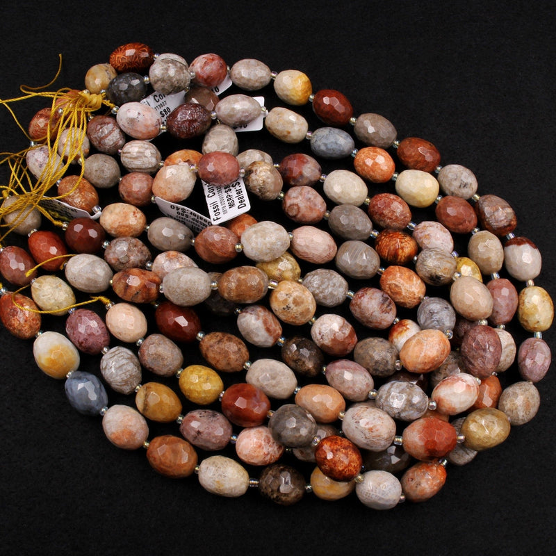 A Grade Natural Fossil Coral Beads Faceted Oval Barrel Nuggets Vibrant Yellow Grey Beige Brown Rusty Red Gemstone 16" Strand