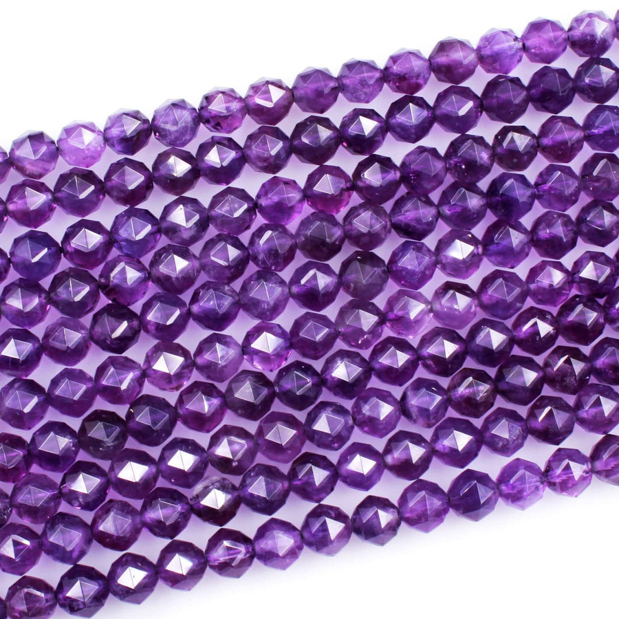 AA Gem Quality Geometric Cut Diamond Star Cut Genuine 100% Natural Amethyst Faceted 8mm Round Beads Nugget Purple Gemstone 16" Strand