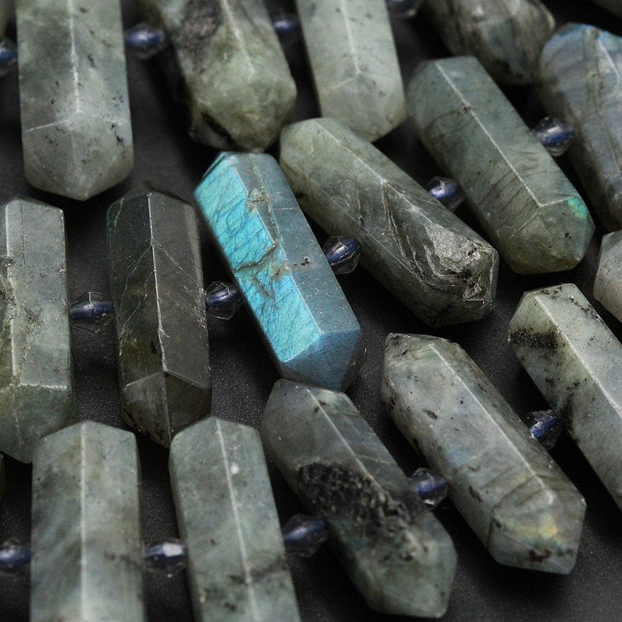 Natural Labradorite Beads Faceted Double Terminated Point Bullet Bicone Large Long Center Drilled Focal Labradorite Pendant Bead 16" Strand