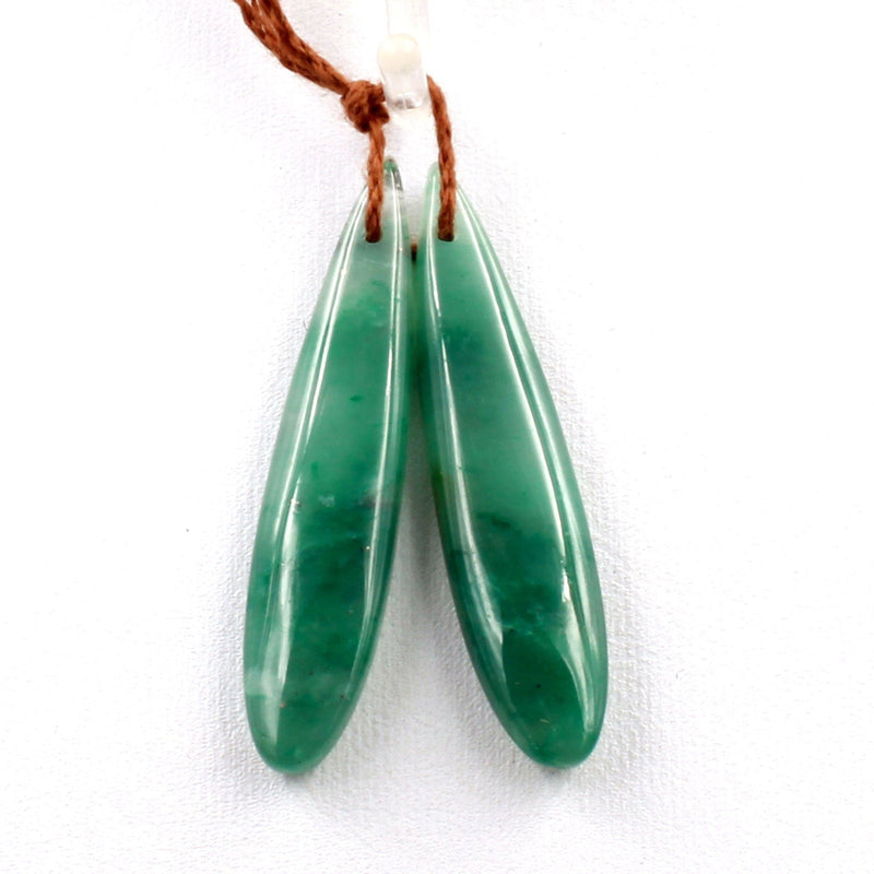 Drilled Natural Green Jade Earring Pair Long Teardrop Cabochon Cab Pair Matched Earrings Bead Pair
