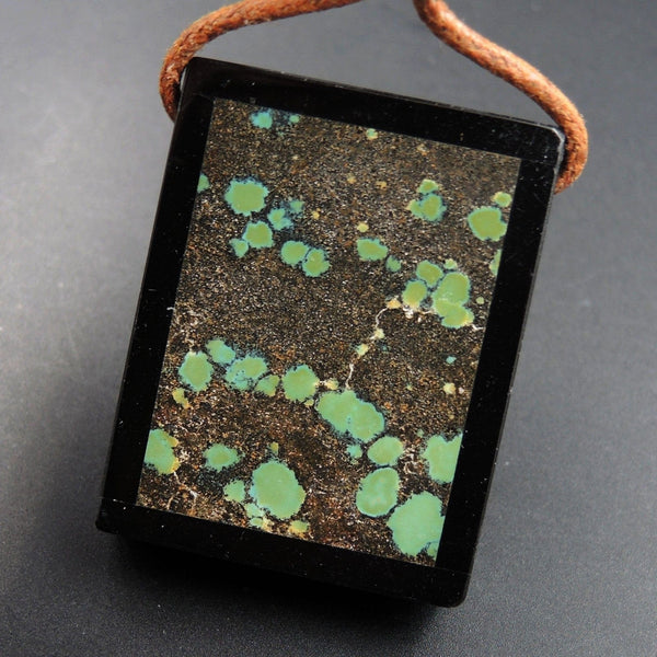 Intarsia Pendant Natural Dragon Skin Turquoise W Black Onyx Inlay Side Drilled Rectangle Pendant Picture Frame Stunning Blue Turquoise P1868