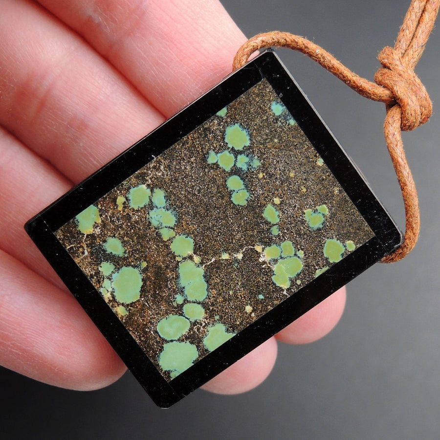Intarsia Pendant Natural Dragon Skin Turquoise W Black Onyx Inlay Side Drilled Rectangle Pendant Picture Frame Stunning Blue Turquoise P1868