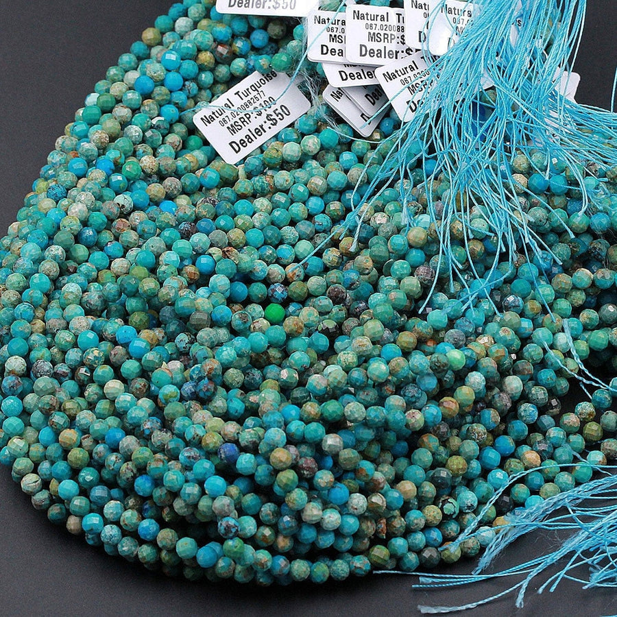 Natural Turquoise 2mm 3mm 4mm 5mm 6mm Faceted Round BeadsReal Genuine Natural Blue Green Turquoise Micro Faceted Cut 16" Strand