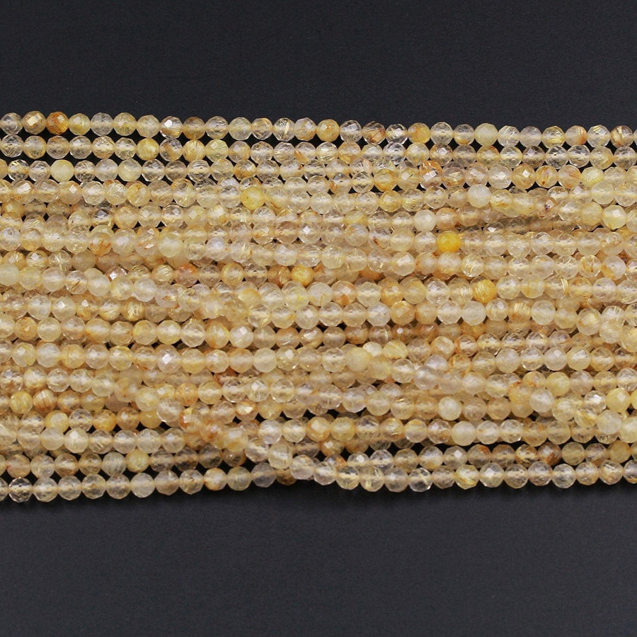 Micro Faceted A Grade Natural Golden Rutile Quartz  3mm 4mm 5mm Faceted Round Beads Golden Rutilated Quartz Round Beads Gemstone 16" Strand