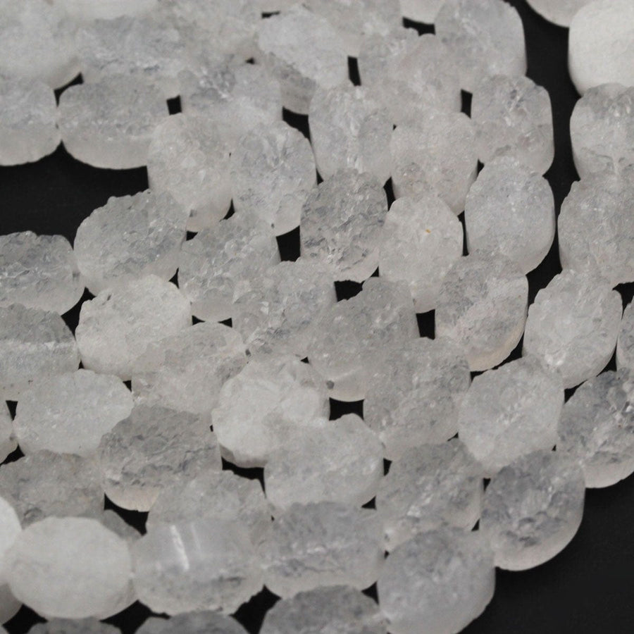 Pristine Icy White Natural Rock Quartz Druzy Bead Drusy Beads Oval 8mm 10mm Drilled White Crystal Beads Perfect for Earrings 16" Full Strand
