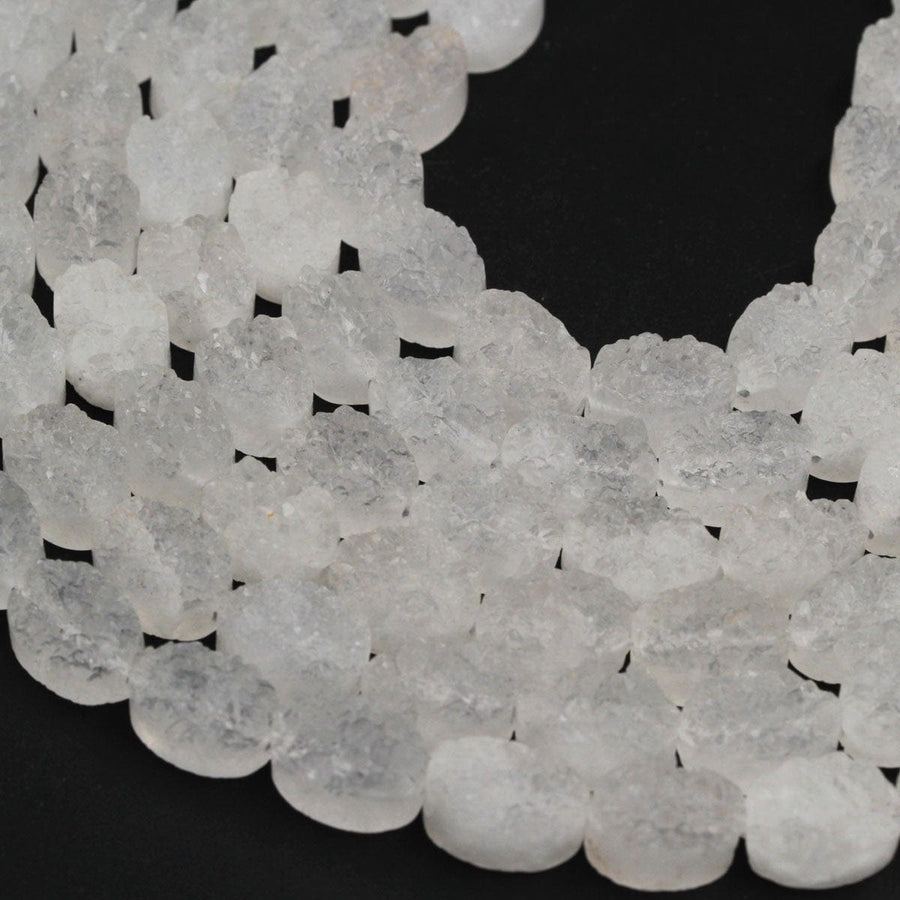 Pristine Icy White Natural Rock Quartz Druzy Bead Drusy Beads Oval 8mm 10mm Drilled White Crystal Beads Perfect for Earrings 16" Full Strand