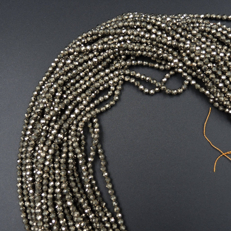 Micro Faceted Tiny Small Natural Iron Pyrite Faceted 2mm 3mm Round Beads Diamond Cut Gemstone 16" Strand