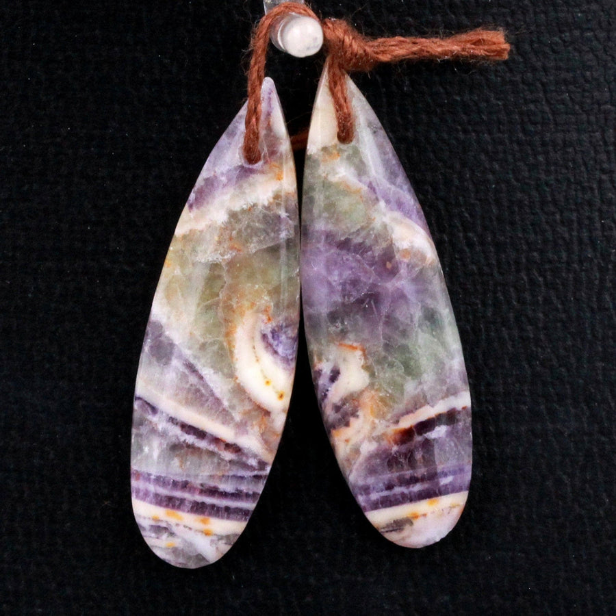 Natural Petrified Purple Fluorite Earring Pair Teardrop Cabochon Cab Pair Drilled Matched Earrings Bead Pair Stone