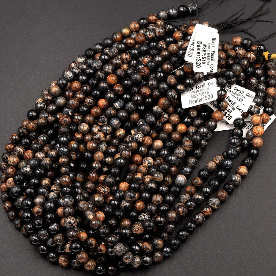 Black Fossil Coral Beads 7mm 8mm 9mm 10mm 12mm Round Beads 16" Strand