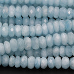 Natural Aquamarine Faceted Rondelle 8mm Beads Soft Sea Blue Color Faceted Saucer Center Drilled Disc Nugget Superior A Grade 16" Strand