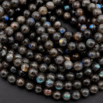 Rare Natural Black Labradorite 8mm 9mm 10mm 11mm 12mm  Round Beads Blue Flashes 16" Strand
