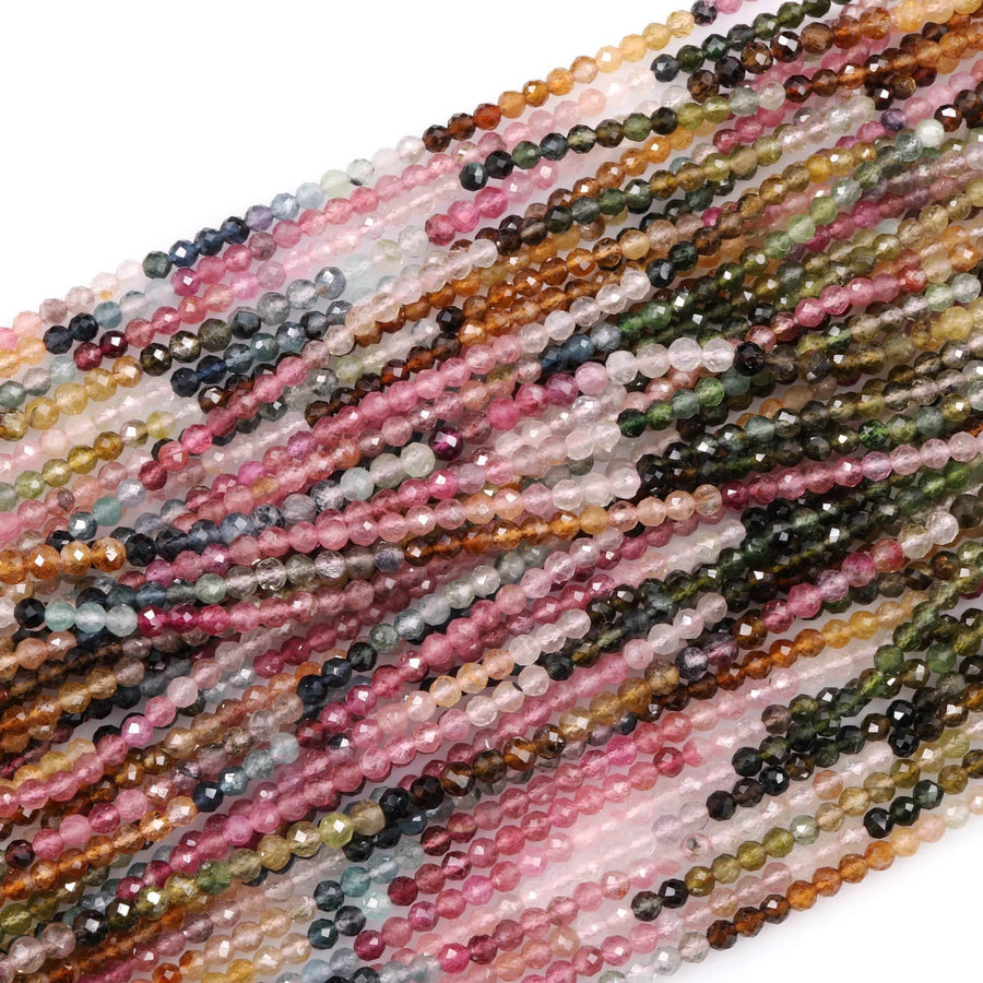 Gorgeous AAA Micro Faceted Tiny Natural Multicolor Tourmaline 2mm 3mm Round Beads Real Genuine Pink Blue Yellow Green Tourmaline 16" Strand