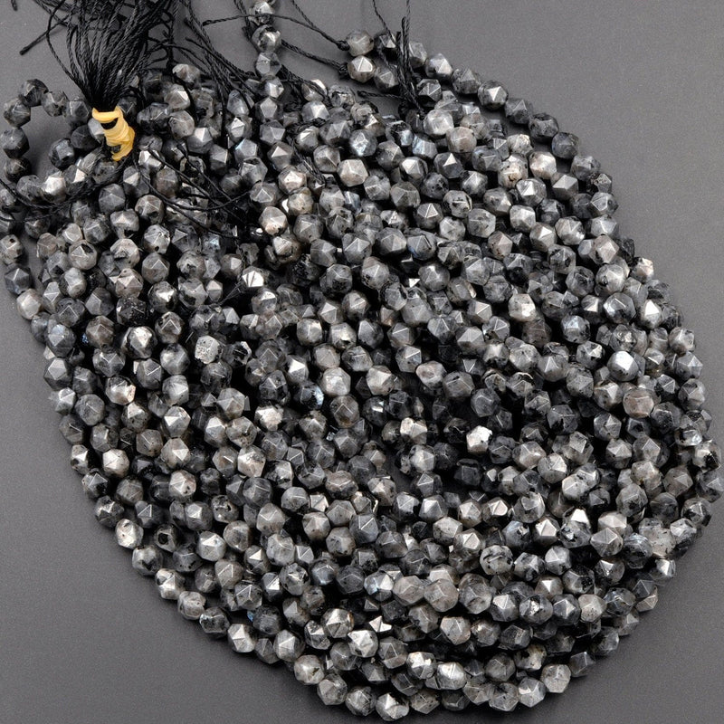 Star Cut Natural Larvikite Beads Aka Black Labradorite Faceted 8mm 10mm Rounded Nugget Sharp Facets 15" Strand