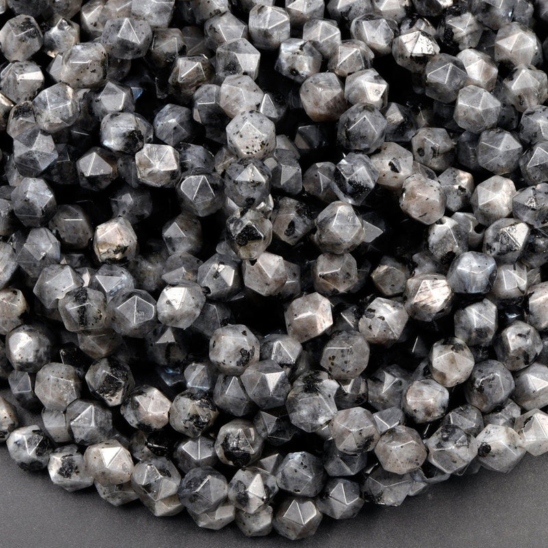 Star Cut Natural Larvikite Beads Aka Black Labradorite Faceted 8mm 10mm Rounded Nugget Sharp Facets 15" Strand