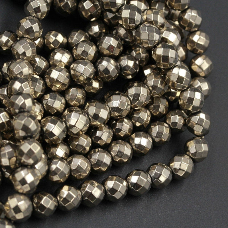 Large Hole Pyrite Beads Titanium Pyrite Faceted 6mm 8mm Round Beads 2mm Large Drilled Hole 16" Strand