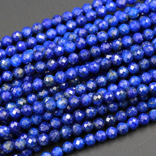 Micro Faceted AAA Natural Blue Lapis Lazuli 3mm 4mm 5mm Faceted Round Beads Small Faceted Round Beads Diamond Cut Gemstone 16" Strand