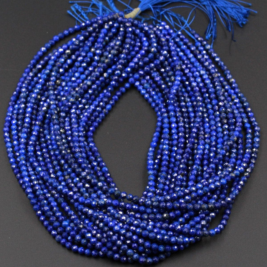 Micro Faceted AAA Natural Blue Lapis Lazuli 3mm 4mm 5mm Faceted Round Beads Small Faceted Round Beads Diamond Cut Gemstone 16" Strand