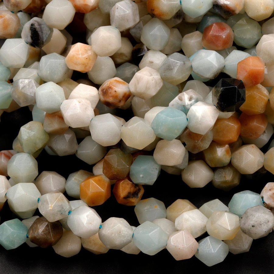 Star Cut Natural Multicolor Amazonite Beads Faceted 8mm 10mm Rounded Nugget Sharp Facets 15" Strand