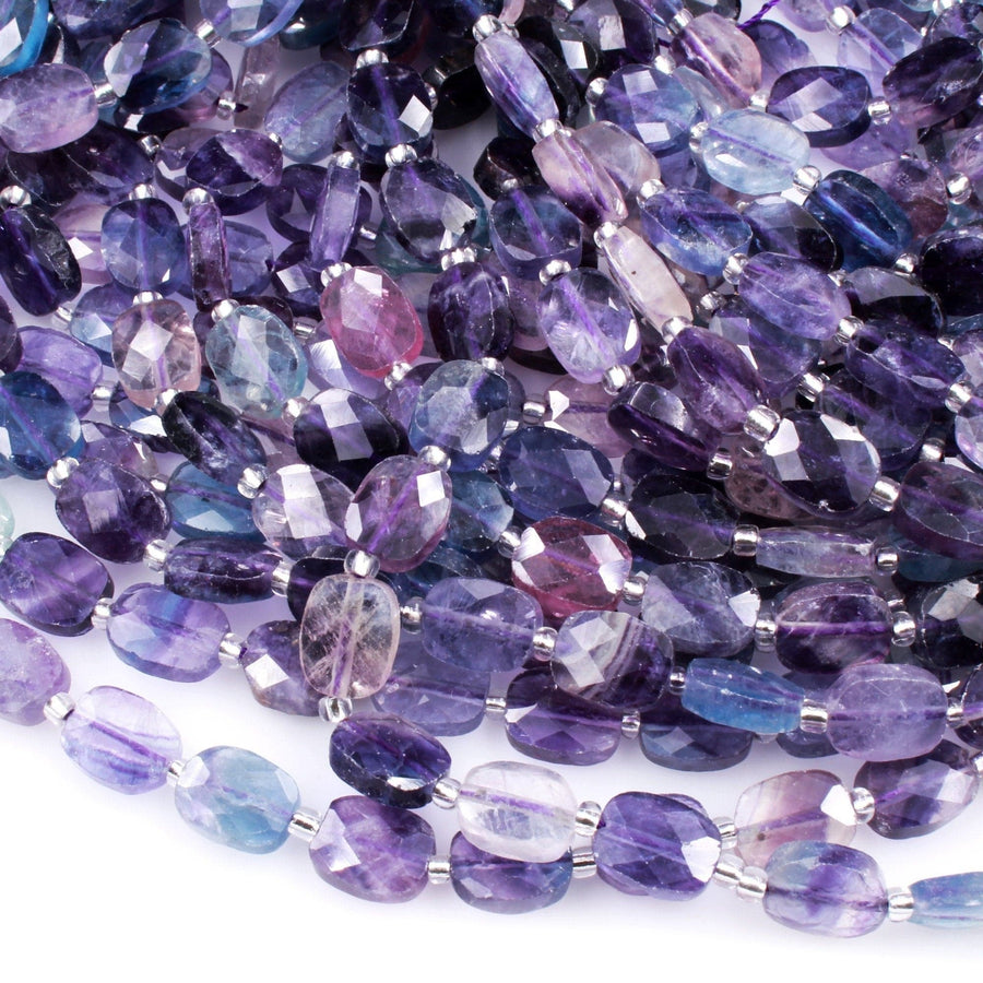 AAA Super Clear Natural Fluorite Faceted Rectangle Cushion Beads Sharp Facets Laser Diamond Cut Purple Green Blue Gemstone Beads 16" Strand