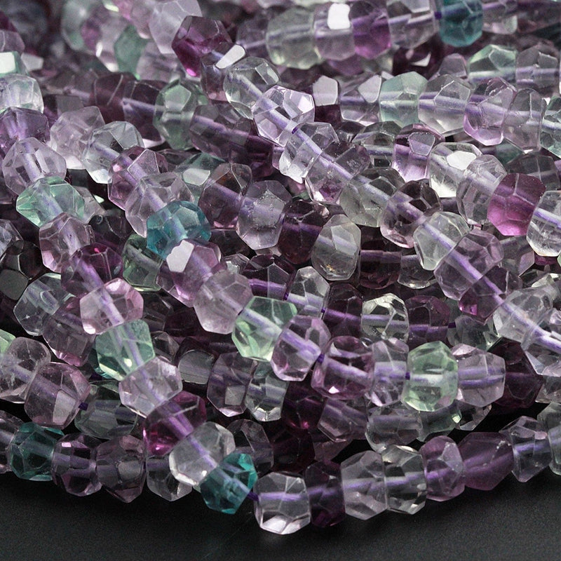 AAA Super Clear Natural Fluorite Faceted Rondelle Beads 7mm 8mm Sharp Facets Laser Diamond Cut Purple Green Blue Gemstone Beads 16" Strand