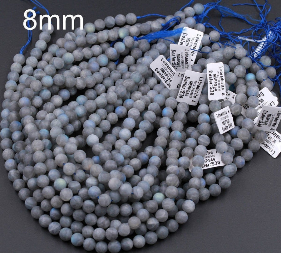 A Grade Matte Natural Labradorite 4mm 6mm 8mm 10mm 12mm Matte Round Beads Blue Flashes 16" Strand