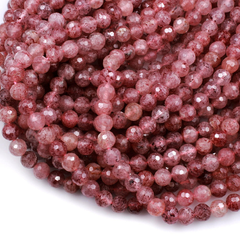 Micro Faceted Natural Red Pink Strawberry Quartz 7mm 8mm Round Beads AA Laser Diamond Cut Sparkling Gemstone 16" Strand