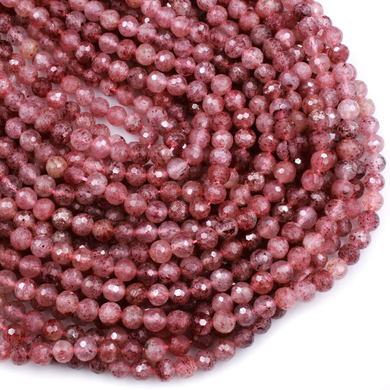 Micro Faceted Natural Red Pink Strawberry Quartz 7mm 8mm Round Beads AA Laser Diamond Cut Sparkling Gemstone 16" Strand