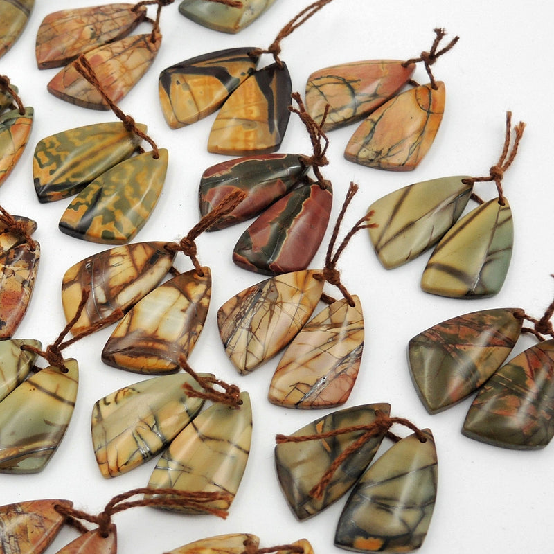 Natural Red Creek Jasper Earring Pair Cabochon Cab Drilled Butterfly Wing Matched Gemstone Bead Pair Aka Multicolor Picasso Jasper