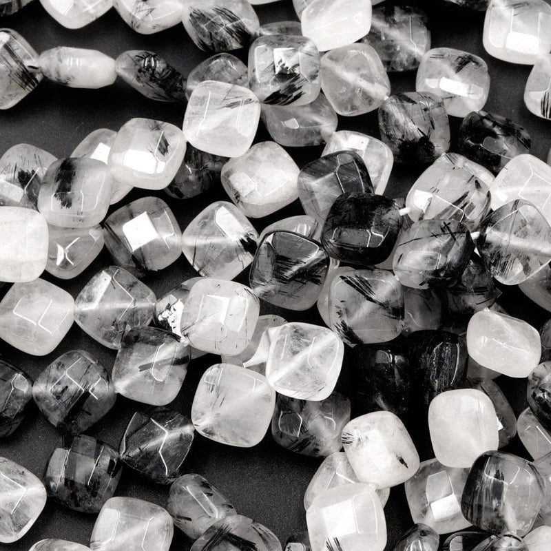 Black Rutilated Quartz Beads Faceted Diamond Kite Square 8mm Natural Black Tourmaline Rutile Quartz Semi Precious Gemstone 16" Strand