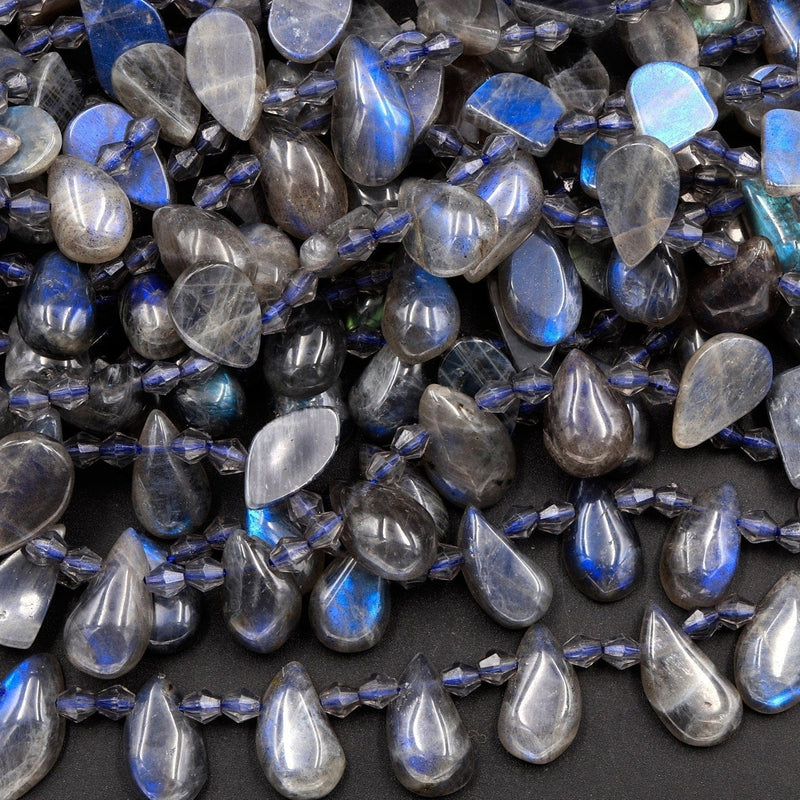 Natural Blue Labradorite Beads Small Teardrop Earring Beads 12mm Top Side Drilled Tons of Dark Blue Flashes 16" Strand