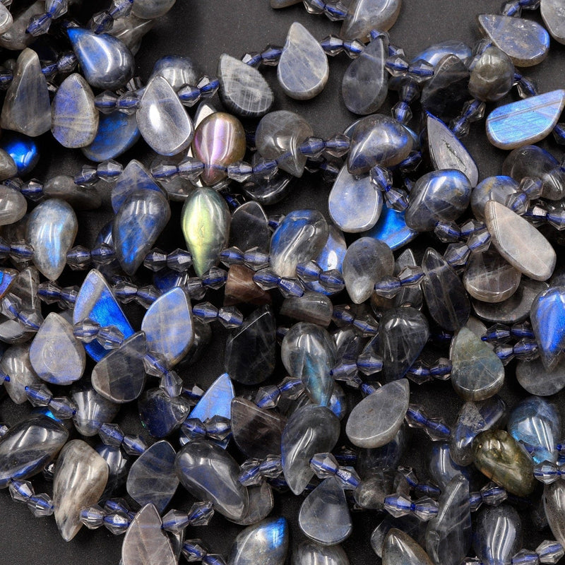 Natural Blue Labradorite Beads Small Teardrop Earring Beads 12mm Top Side Drilled Tons of Dark Blue Flashes 16" Strand