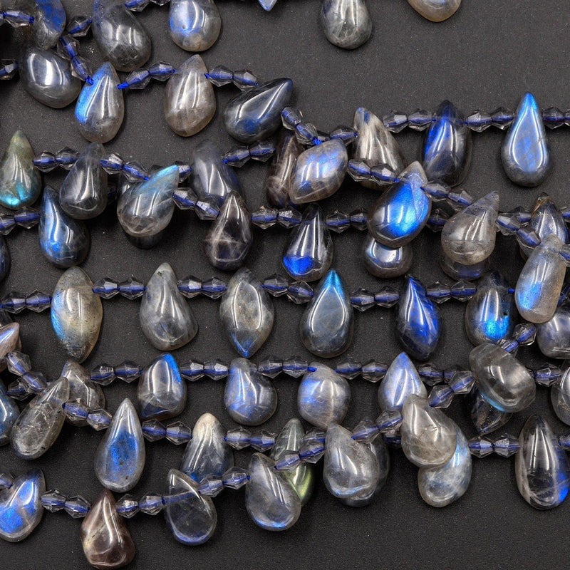 Natural Blue Labradorite Beads Small Teardrop Earring Beads 12mm Top Side Drilled Tons of Dark Blue Flashes 16" Strand