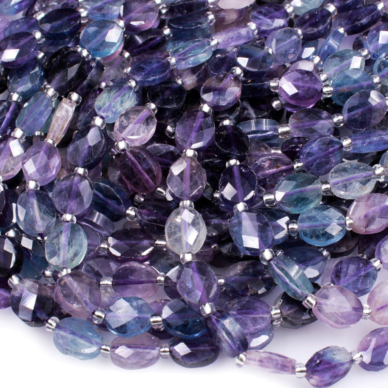 AAA Super Clear Natural Fluorite Faceted Oval Beads Sharp Facets Laser Diamond Cut Purple Green Blue Gemstone Beads 16" Strand